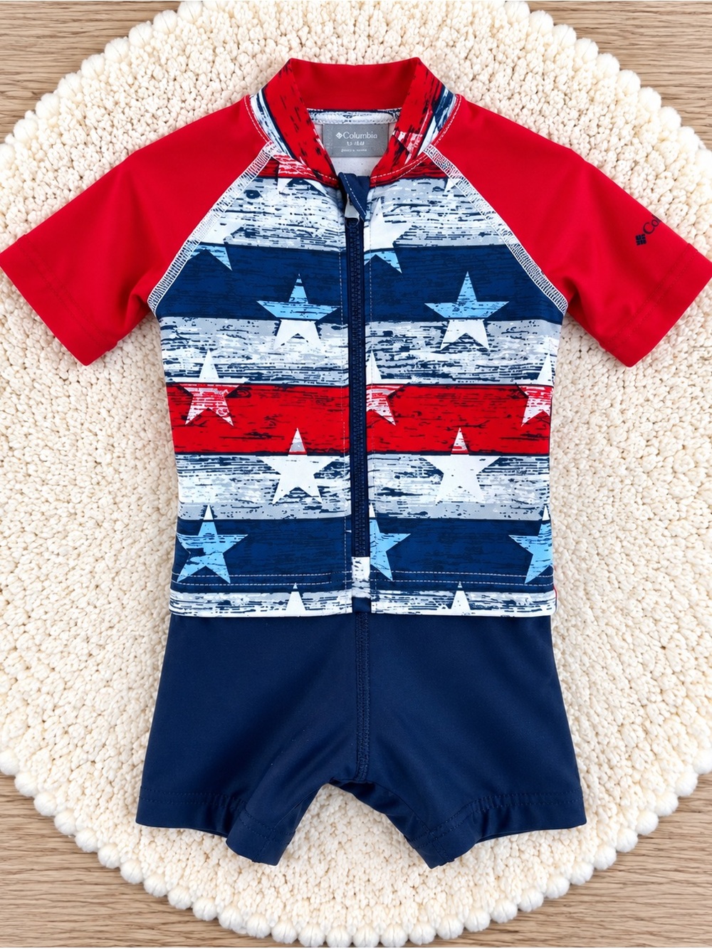 Columbia Baby 6-12M Patriotic Stars Zip One Piece Swim Romper Omni-Shade